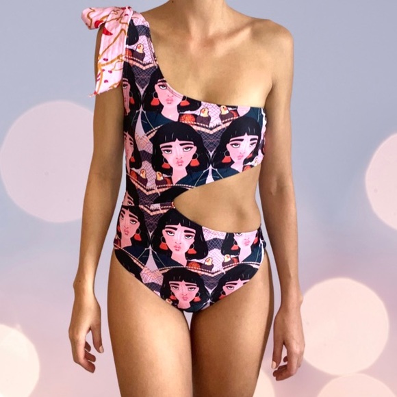 Boho Goddess Print One-Piece Swimsuit | Cutout One-Shoulder | Size M - Picture 3 of 7